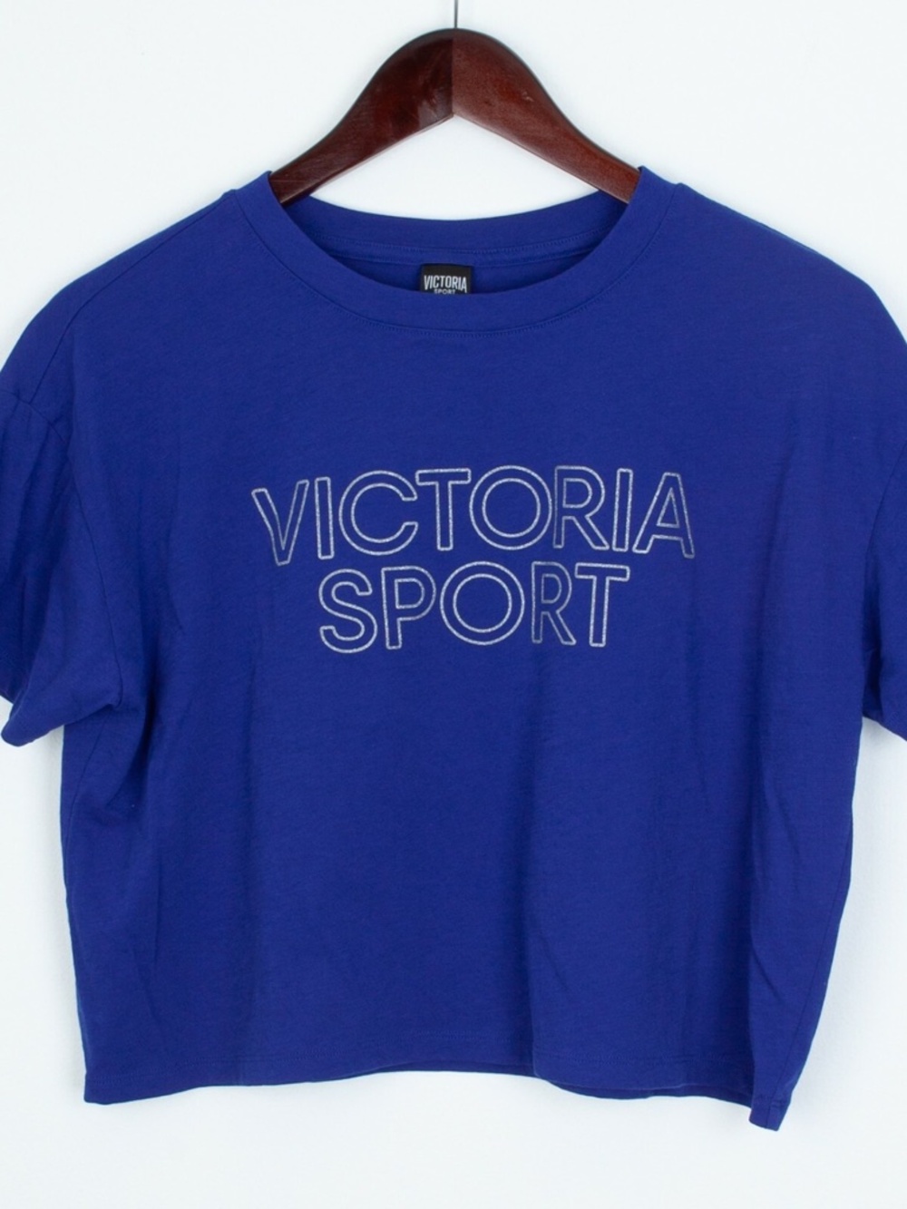 VS Victoria Sport Silver Graphic Short Sleeves Blue Crop Tee Top Women's Size XL